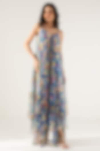 Blue Viscose Crinkled Chiffon Botanical Printed Maxi Dress by Reena Sharma