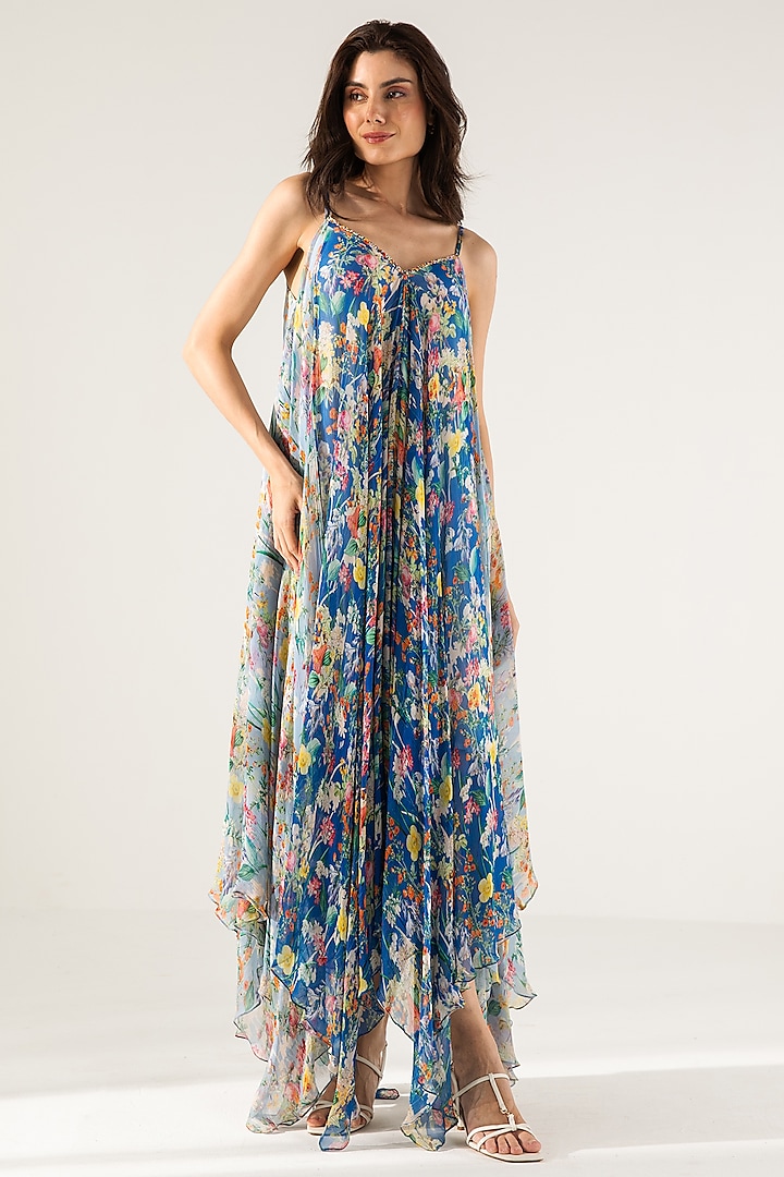 Blue Viscose Crinkled Chiffon Botanical Printed Maxi Dress by Reena Sharma