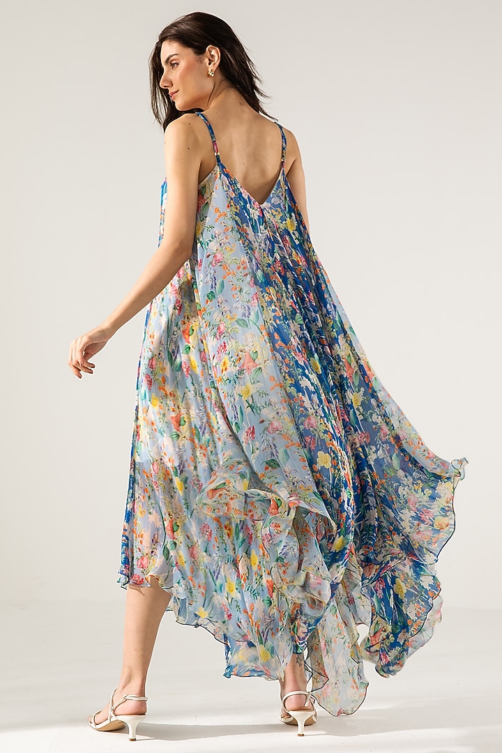 Blue Viscose Crinkled Chiffon Botanical Printed Maxi Vacation Dress by Reena Sharma at Pernia's Pop Up Shop