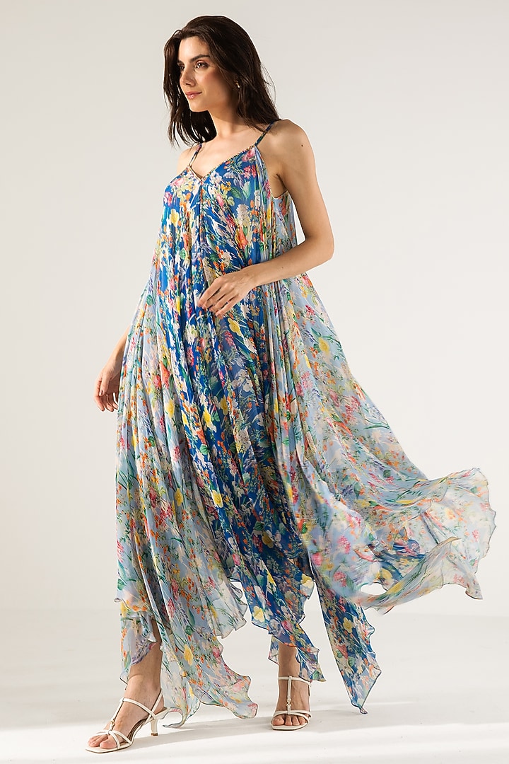 Blue Viscose Crinkled Chiffon Botanical Printed Maxi Vacation Dress by Reena Sharma at Pernia's Pop Up Shop