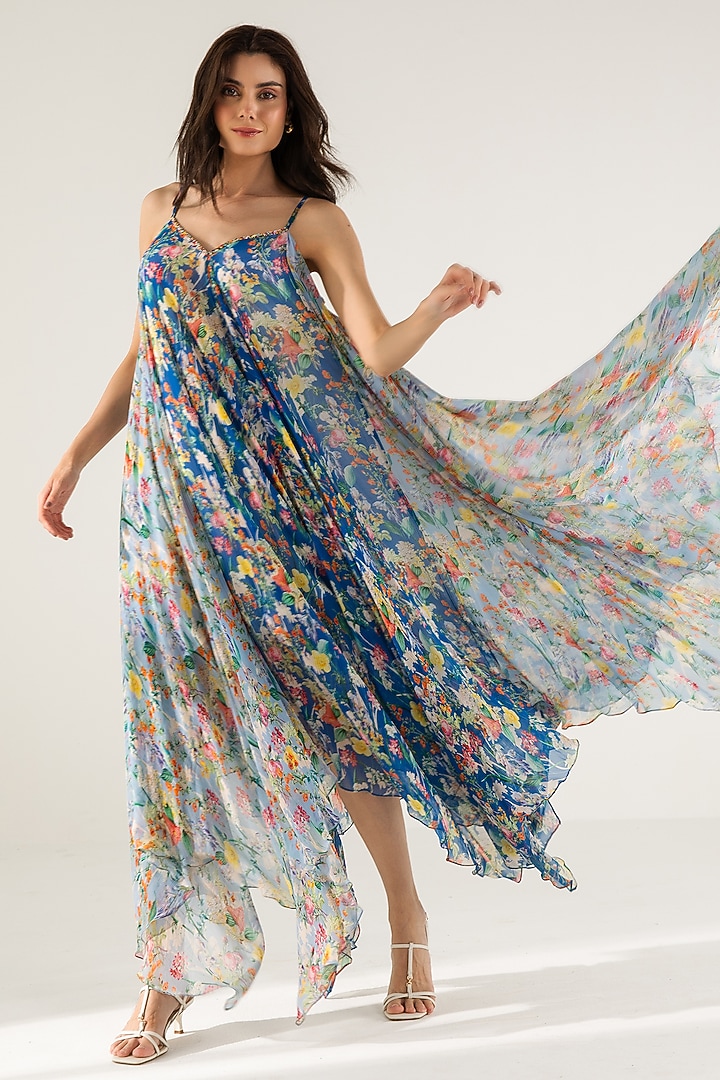 Blue Viscose Crinkled Chiffon Botanical Printed Maxi Vacation Dress by Reena Sharma at Pernia's Pop Up Shop
