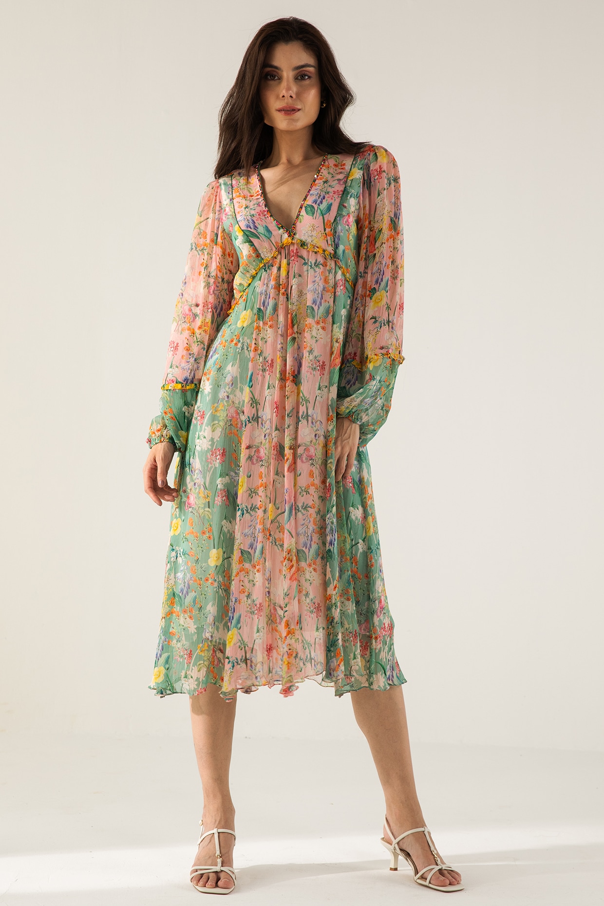 Rose Pink & Sage Green Chiffon Printed Midi Vacation Dress by