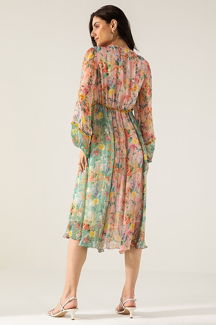 Rose Pink & Sage Green Chiffon Printed Midi Vacation Dress by Reena Sharma at Pernia's Pop Up Shop