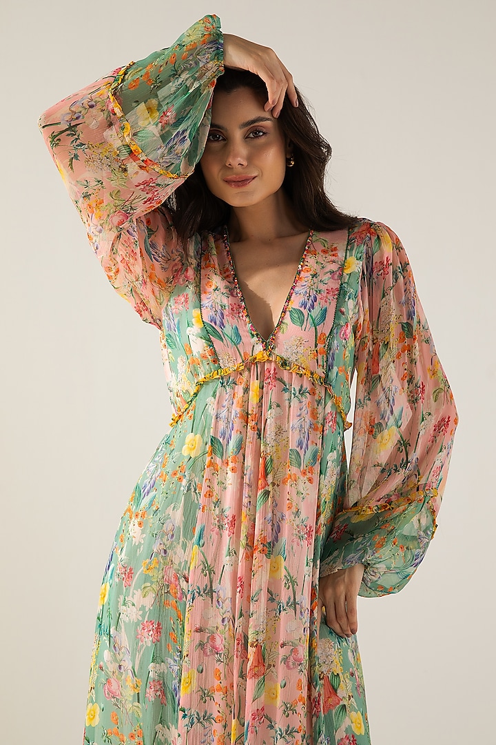 Rose Pink & Sage Green Chiffon Printed Midi Vacation Dress by Reena Sharma at Pernia's Pop Up Shop