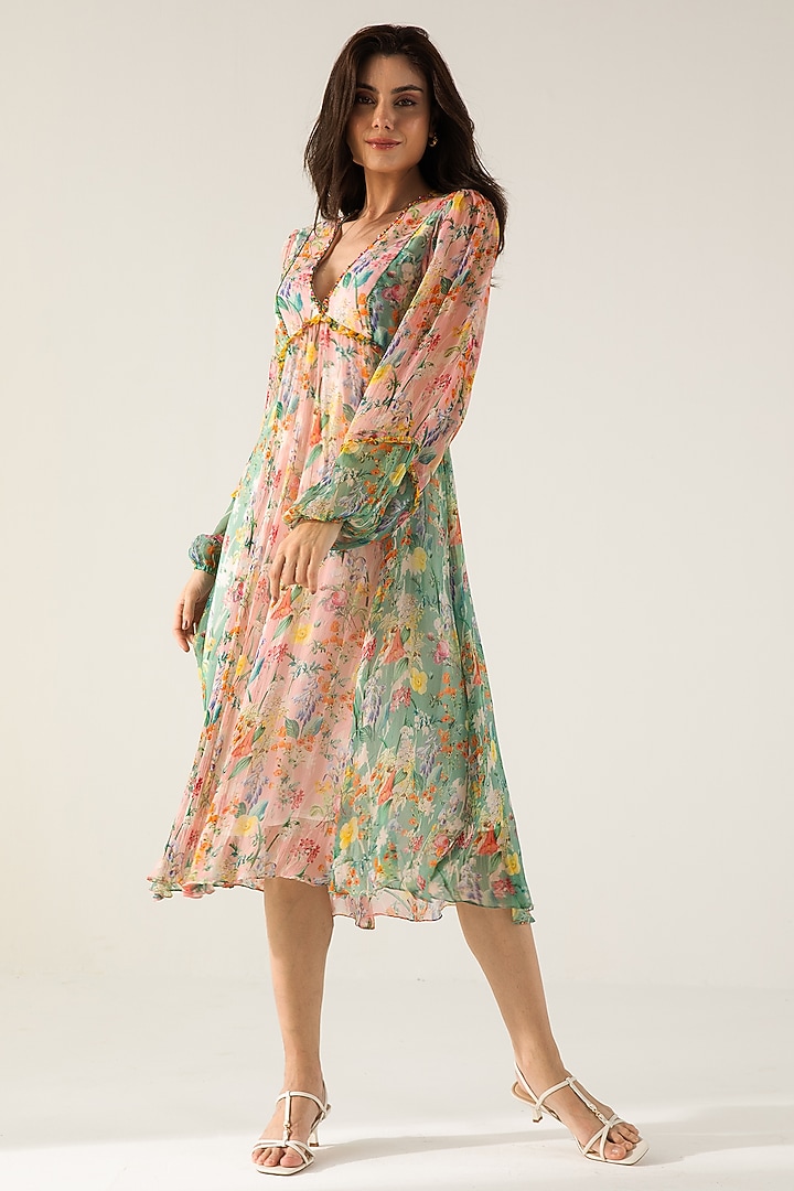 Rose Pink & Sage Green Chiffon Printed Midi Vacation Dress by Reena Sharma at Pernia's Pop Up Shop