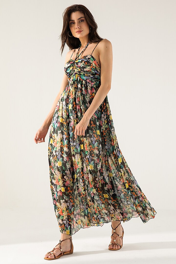 Black Viscose Crinkled Chiffon Botanical Printed Maxi Dress by Reena Sharma at Pernia's Pop Up Shop