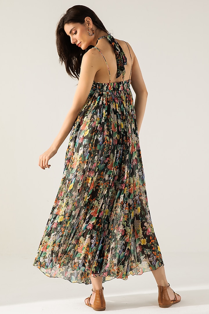 Black Viscose Crinkled Chiffon Botanical Printed Maxi Vacation Dress by Reena Sharma at Pernia's Pop Up Shop