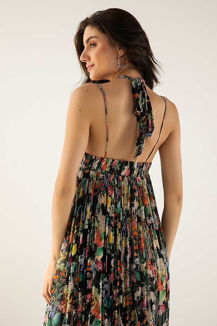 Black Viscose Crinkled Chiffon Botanical Printed Maxi Vacation Dress by Reena Sharma at Pernia's Pop Up Shop