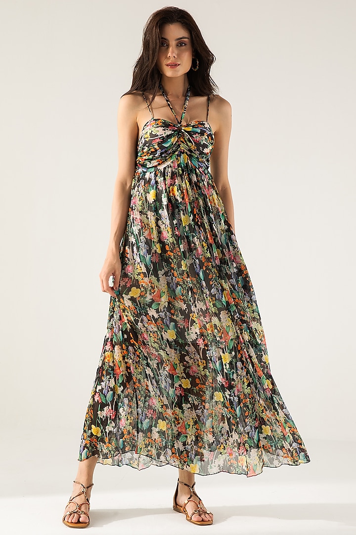 Black Viscose Crinkled Chiffon Botanical Printed Maxi Vacation Dress by Reena Sharma at Pernia's Pop Up Shop
