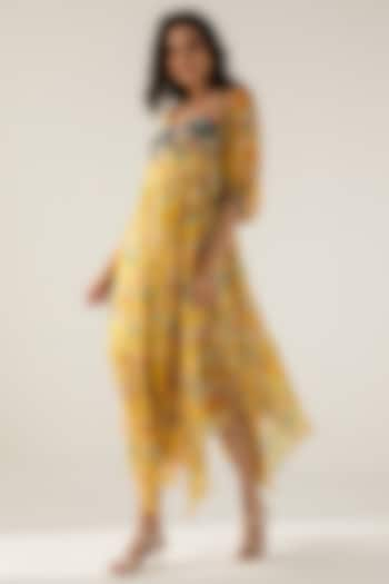 Yellow & Black Viscose Crinkled Chiffon Botanical Printed Midi Dress by Reena Sharma