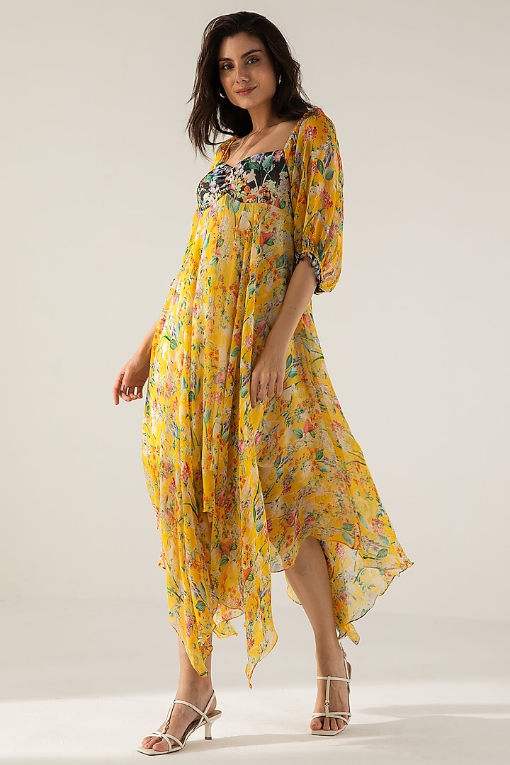 Yellow & Black Viscose Crinkled Chiffon Botanical Printed Midi Dress by Reena Sharma