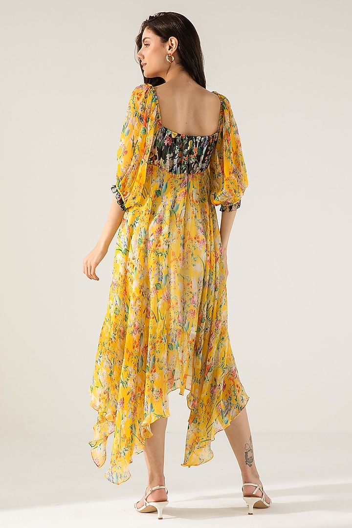 Yellow & Black Viscose Crinkled Chiffon Botanical Printed Midi Vacation Dress by Reena Sharma at Pernia's Pop Up Shop