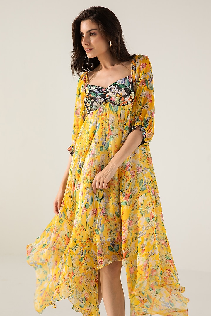 Yellow & Black Viscose Crinkled Chiffon Botanical Printed Midi Vacation Dress by Reena Sharma at Pernia's Pop Up Shop