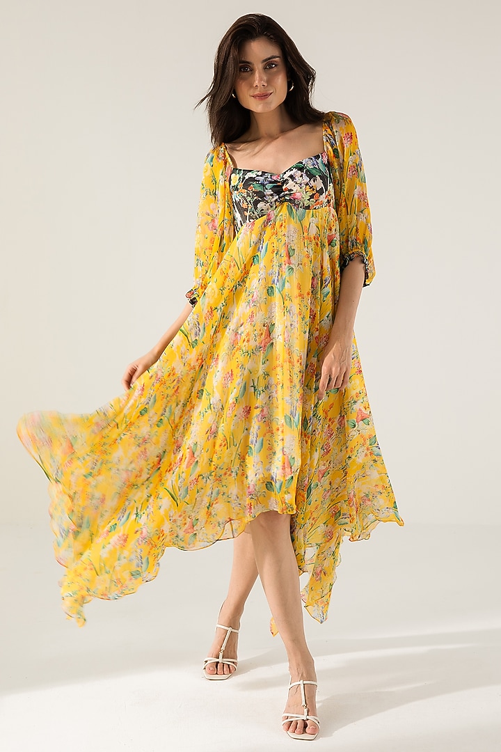Yellow & Black Viscose Crinkled Chiffon Botanical Printed Midi Vacation Dress by Reena Sharma at Pernia's Pop Up Shop