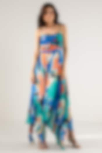 Blue & Turquoise Viscose Crinkled Chiffon Printed Dress by Reena Sharma