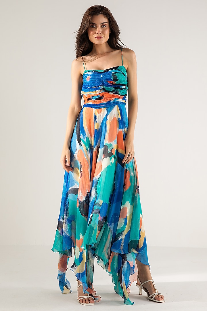 Blue & Turquoise Viscose Crinkled Chiffon Printed Dress by Reena Sharma