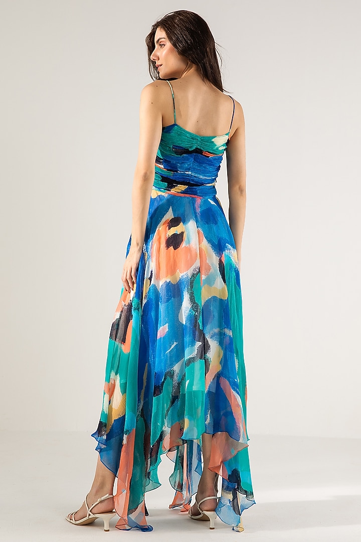 Blue & Turquoise Viscose Crinkled Chiffon Printed Vacation Dress by Reena Sharma at Pernia's Pop Up Shop