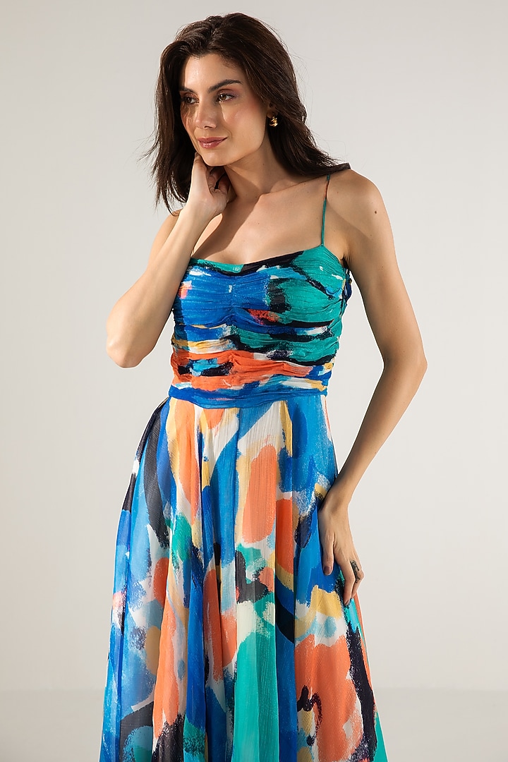 Blue & Turquoise Viscose Crinkled Chiffon Printed Vacation Dress by Reena Sharma at Pernia's Pop Up Shop
