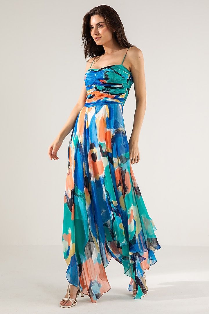 Blue & Turquoise Viscose Crinkled Chiffon Printed Vacation Dress by Reena Sharma at Pernia's Pop Up Shop