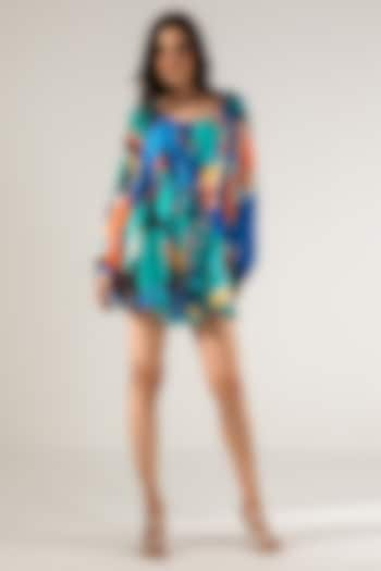 Blue & Turquoise Viscose Crinkled Chiffon Printed Mini Dress by Reena Sharma