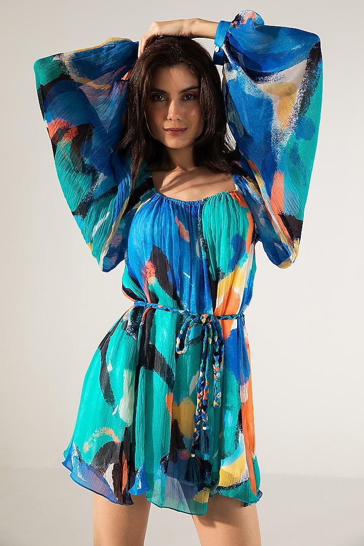 Blue & Turquoise Viscose Crinkled Chiffon Printed Mini Summer Dress by Reena Sharma at Pernia's Pop Up Shop