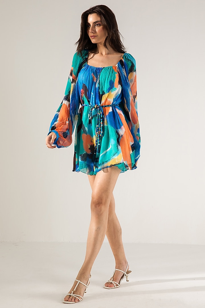 Blue & Turquoise Viscose Crinkled Chiffon Printed Mini Summer Dress by Reena Sharma at Pernia's Pop Up Shop