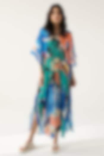 Blue & Turquoise Viscose Crinkled Chiffon Printed Kaftan by Reena Sharma at Pernia's Pop Up Shop