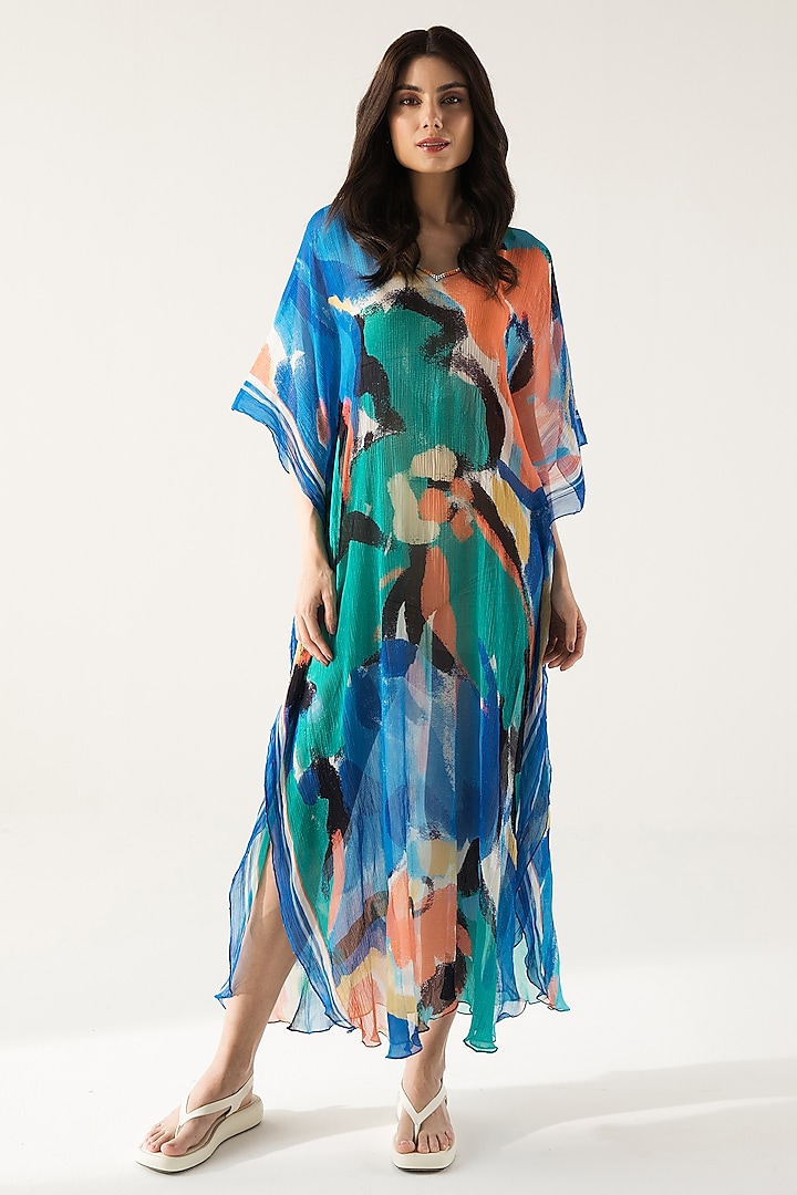 Blue & Turquoise Viscose Crinkled Chiffon Printed Kaftan by Reena Sharma at Pernia's Pop Up Shop