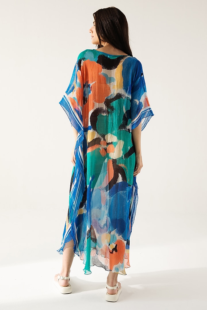 Blue & Turquoise Viscose Crinkled Chiffon Printed Kaftan by Reena Sharma at Pernia's Pop Up Shop