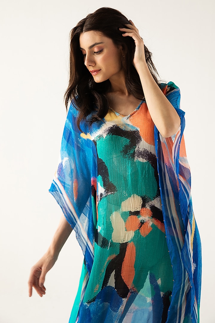 Blue & Turquoise Viscose Crinkled Chiffon Printed Kaftan by Reena Sharma at Pernia's Pop Up Shop