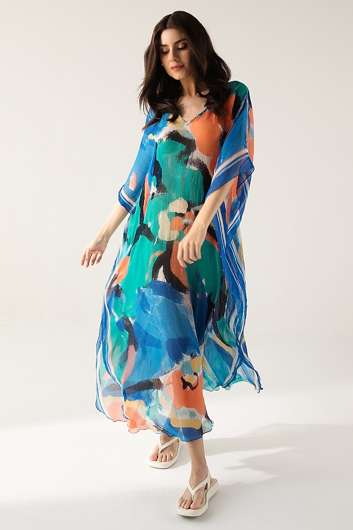 Blue & Turquoise Viscose Crinkled Chiffon Printed Kaftan by Reena Sharma at Pernia's Pop Up Shop