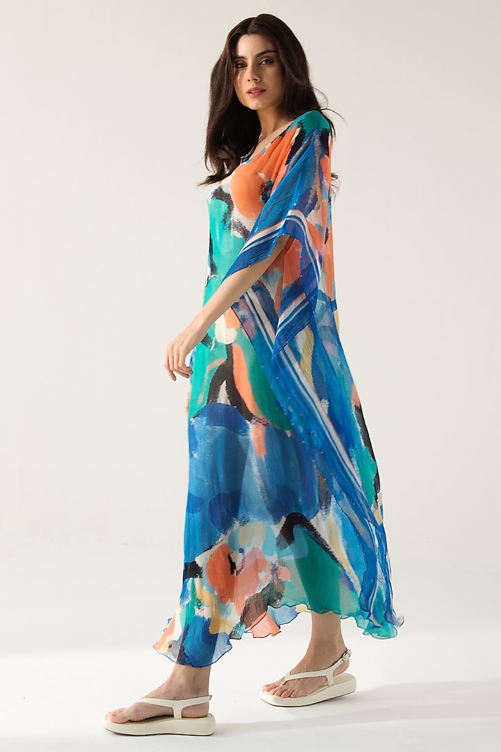 Blue & Turquoise Viscose Crinkled Chiffon Printed Kaftan by Reena Sharma at Pernia's Pop Up Shop
