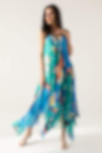 Blue & Turquoise Viscose Crinkled Chiffon Printed Maxi Dress by Reena Sharma at Pernia's Pop Up Shop