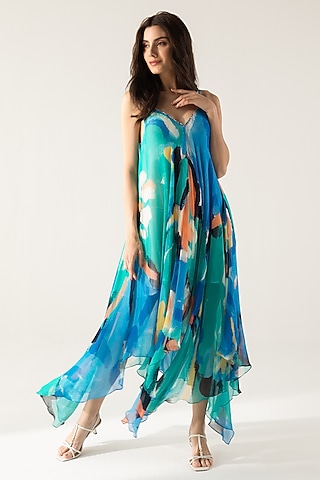 Blue & Turquoise Viscose Crinkled Chiffon Printed Maxi Dress by Reena Sharma