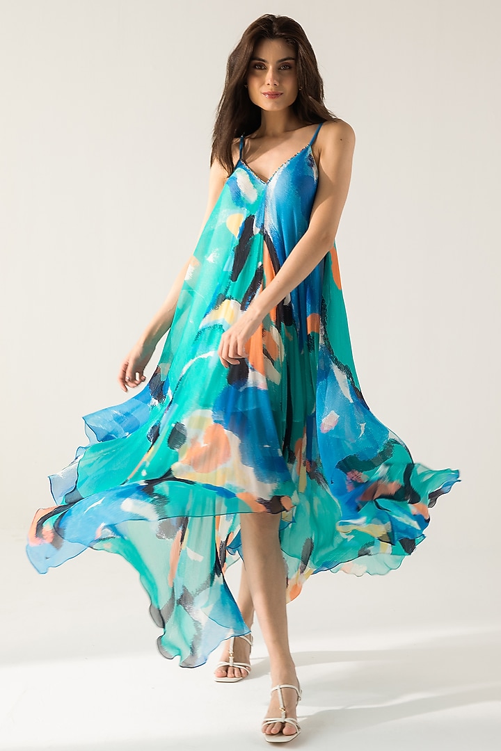 Blue & Turquoise Viscose Crinkled Chiffon Printed Maxi Vacation Dress by Reena Sharma at Pernia's Pop Up Shop