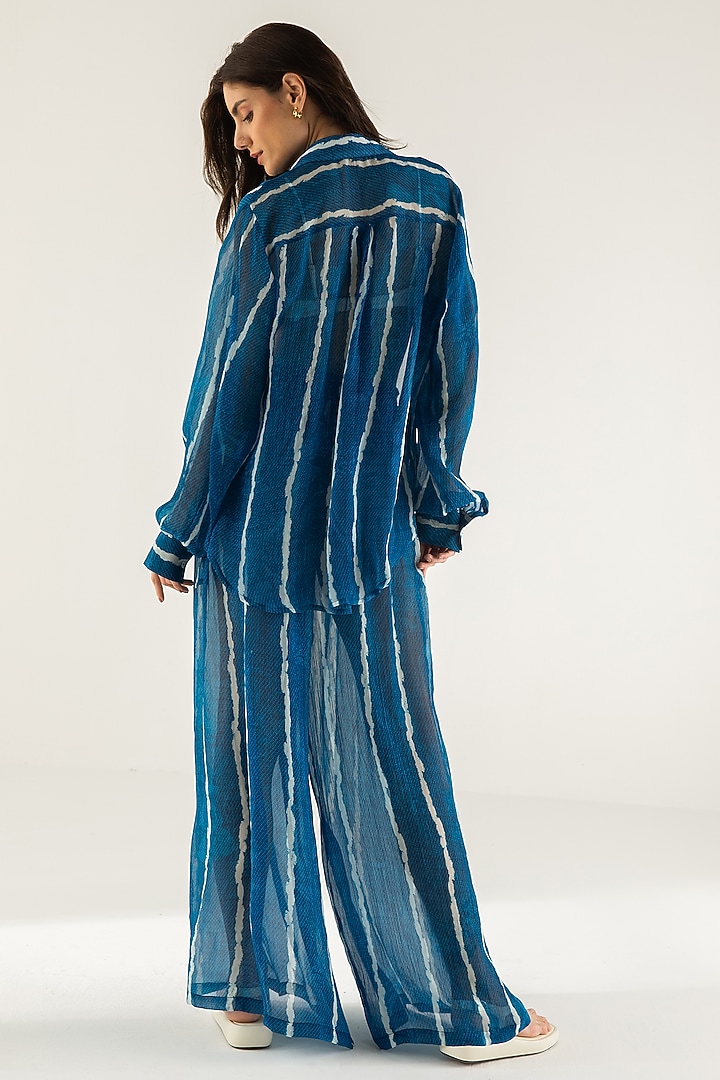 Dark Teal Viscose Crinkled Chiffon Stripe Printed Co-Ord Set by Reena Sharma at Pernia's Pop Up Shop