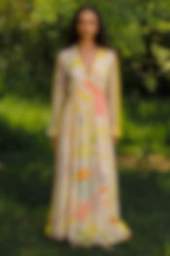 Yellow Bamberg Georgette Printed Maxi Summer Dress by Reena Sharma at Pernia's Pop Up Shop