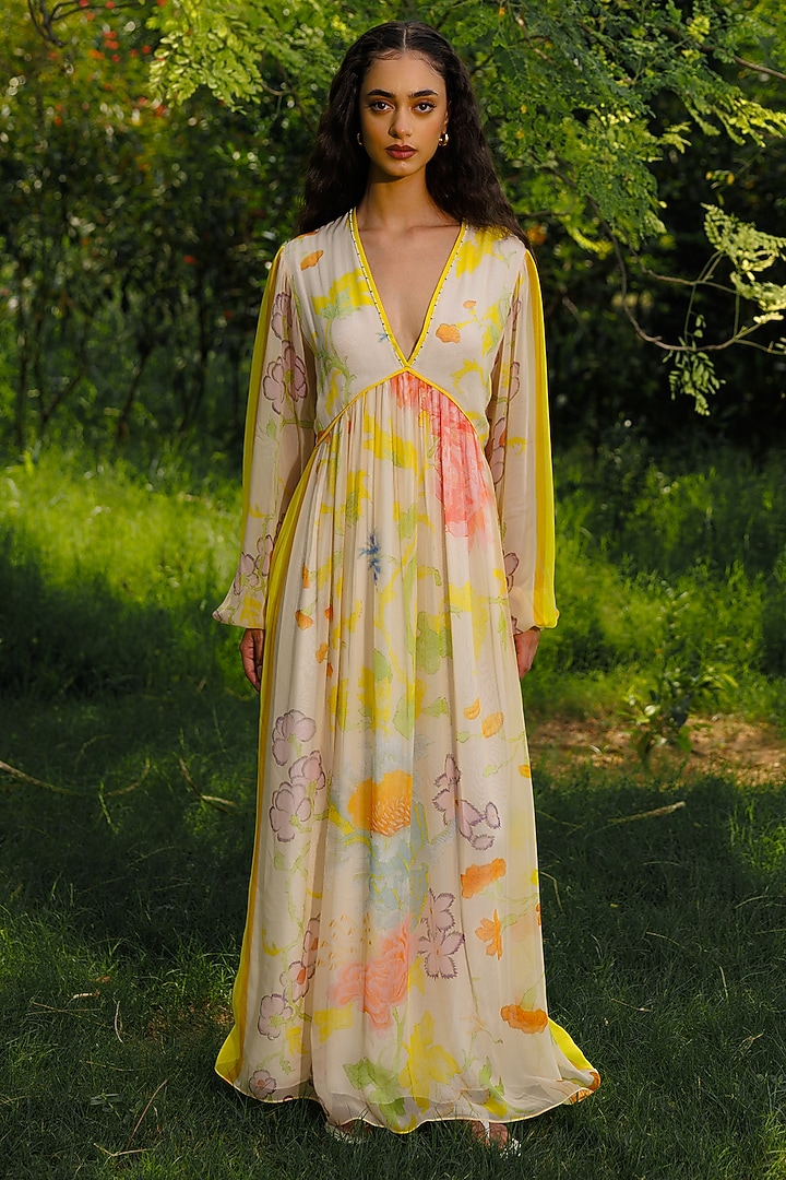 Yellow Bamberg Georgette Printed Maxi Summer Dress by Reena Sharma at Pernia's Pop Up Shop