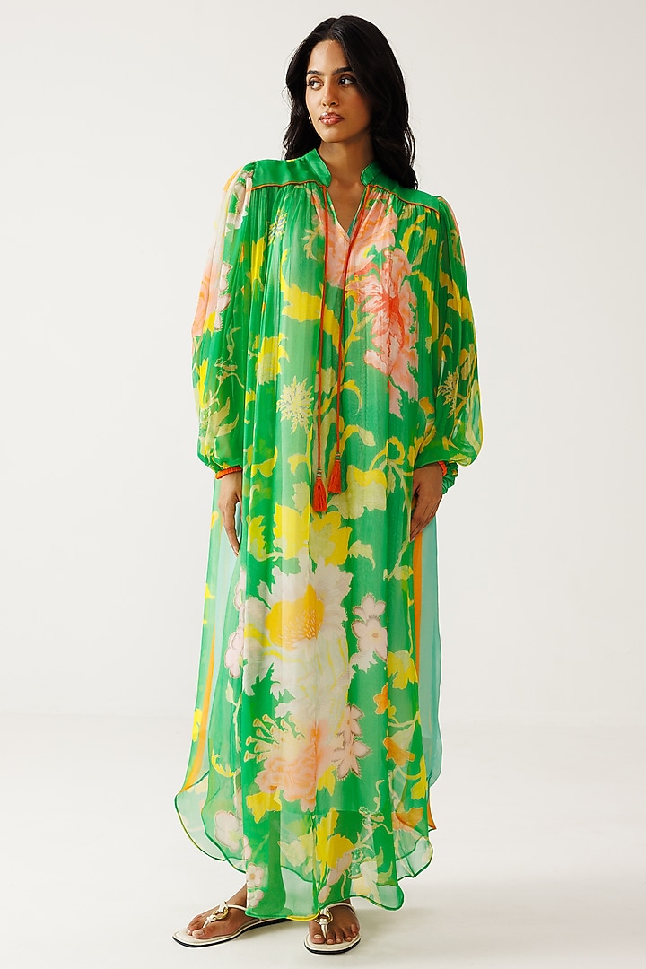 Green Bamberg Georgette Floral Printed Maxi Summer Dress by Reena Sharma at Pernia's Pop Up Shop