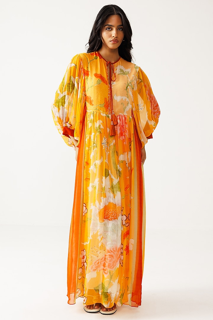 Orange Bamberg Georgette Floral Printed Maxi Vacation Dress by Reena Sharma at Pernia's Pop Up Shop