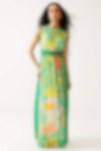 Green Bamberg Georgette Printed Sleeveless Maxi Vacation Dress by Reena Sharma at Pernia's Pop Up Shop