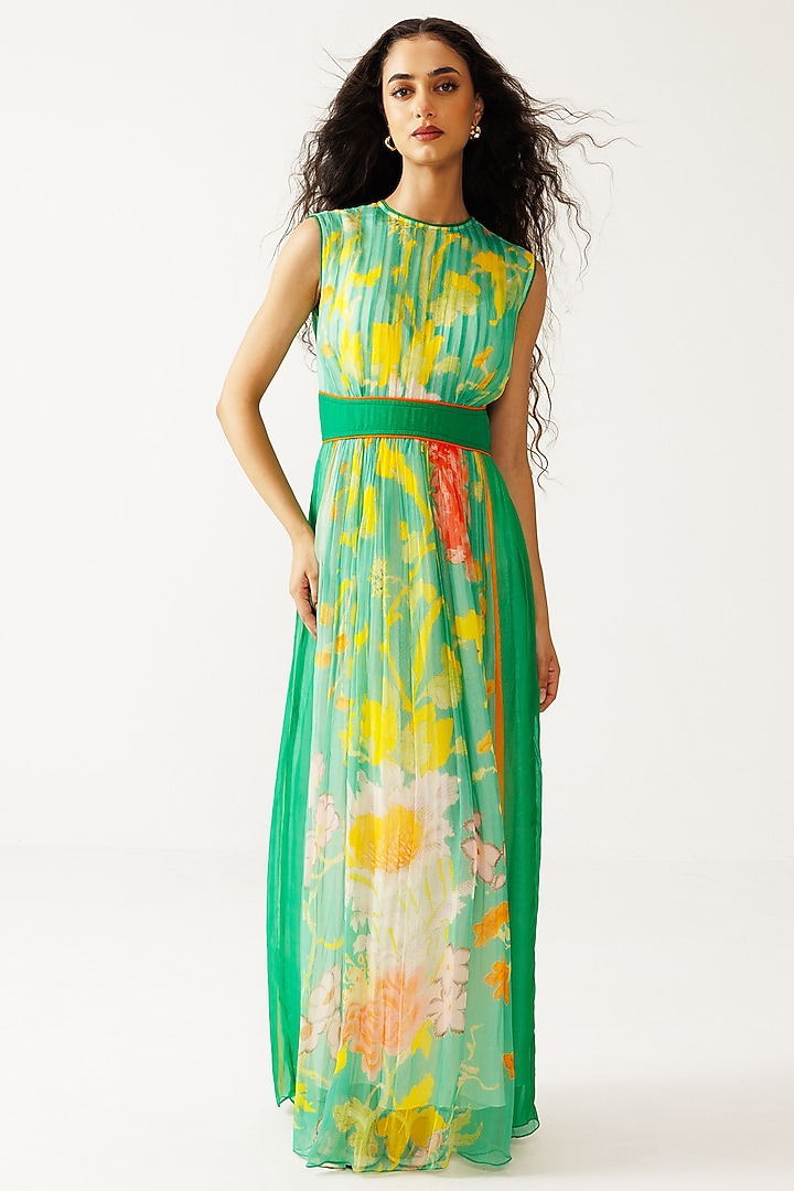 Green Bamberg Georgette Printed Sleeveless Maxi Vacation Dress by Reena Sharma at Pernia's Pop Up Shop