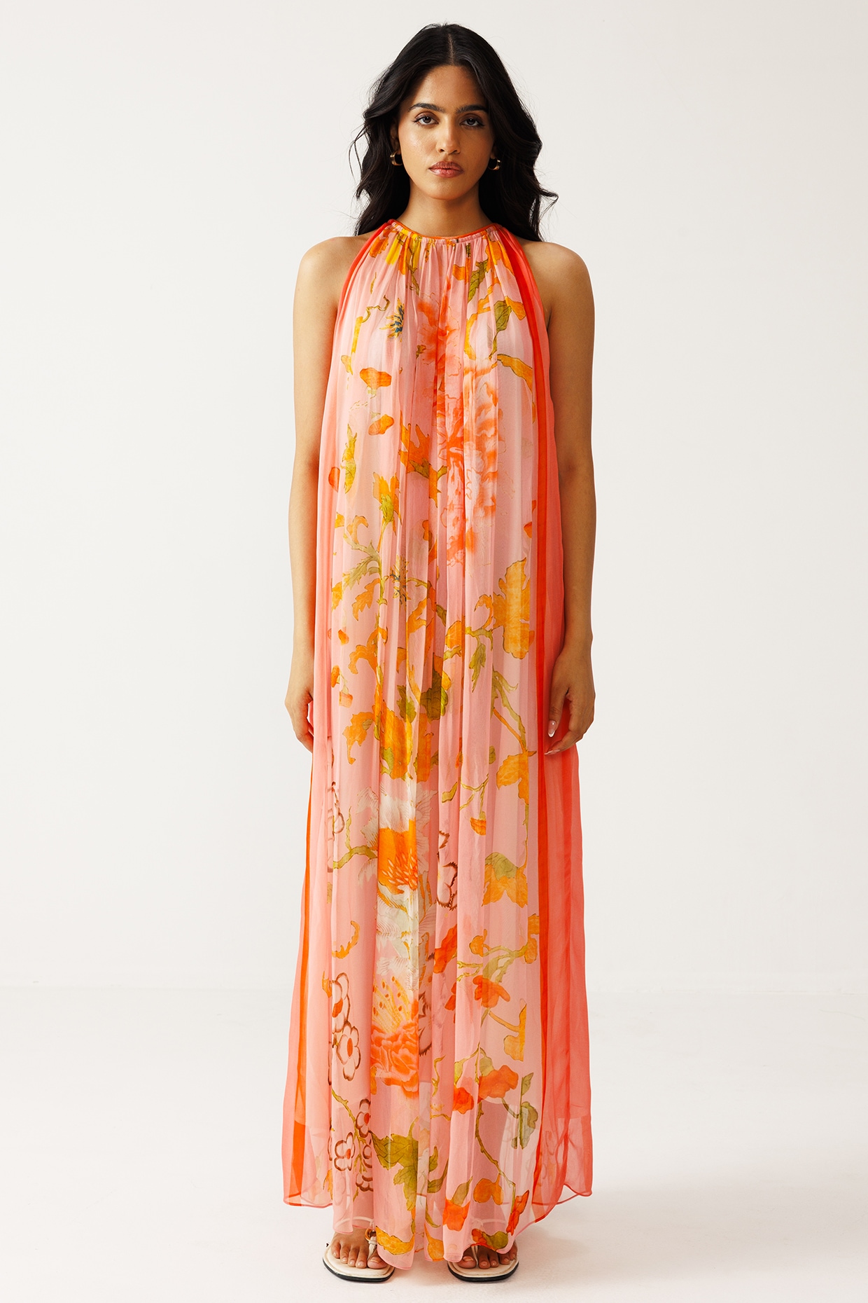 Reena Sharma Peach Bamberg Georgette Halter Maxi Dress