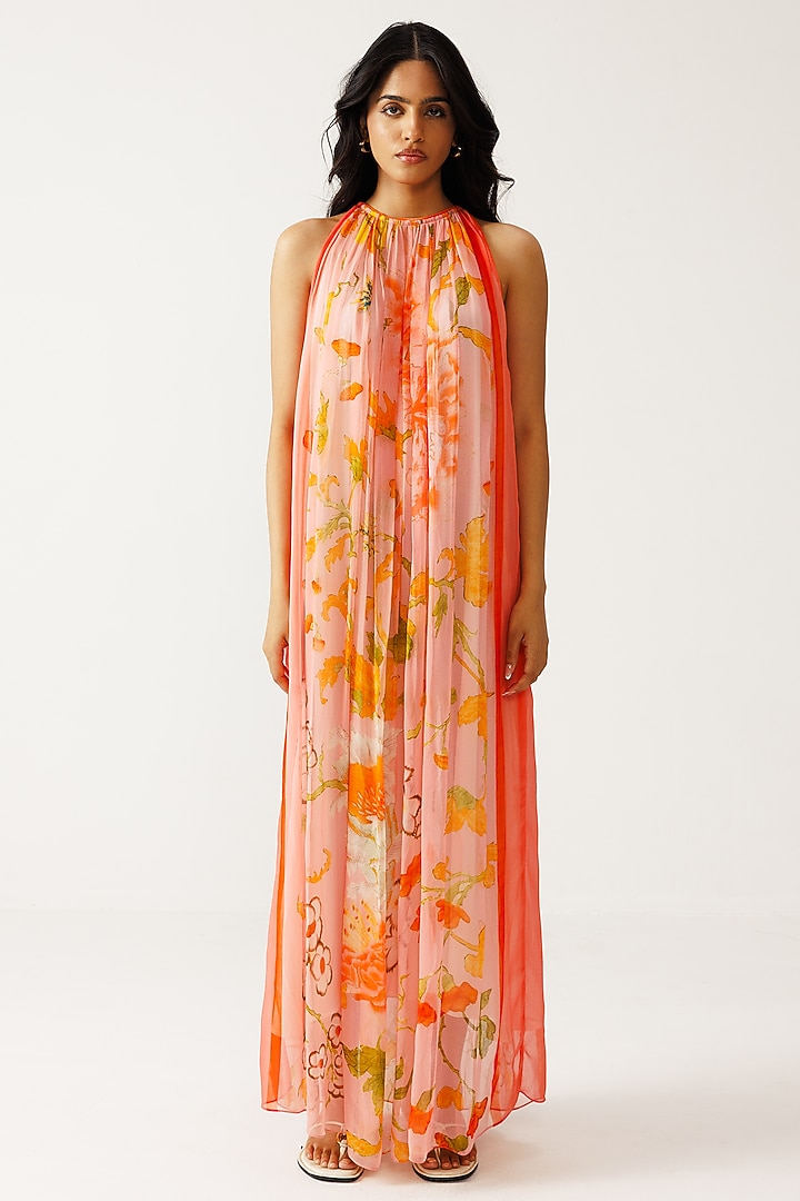 Peach Bamberg Georgette Halter Maxi Summer Dress by Reena Sharma at Pernia's Pop Up Shop