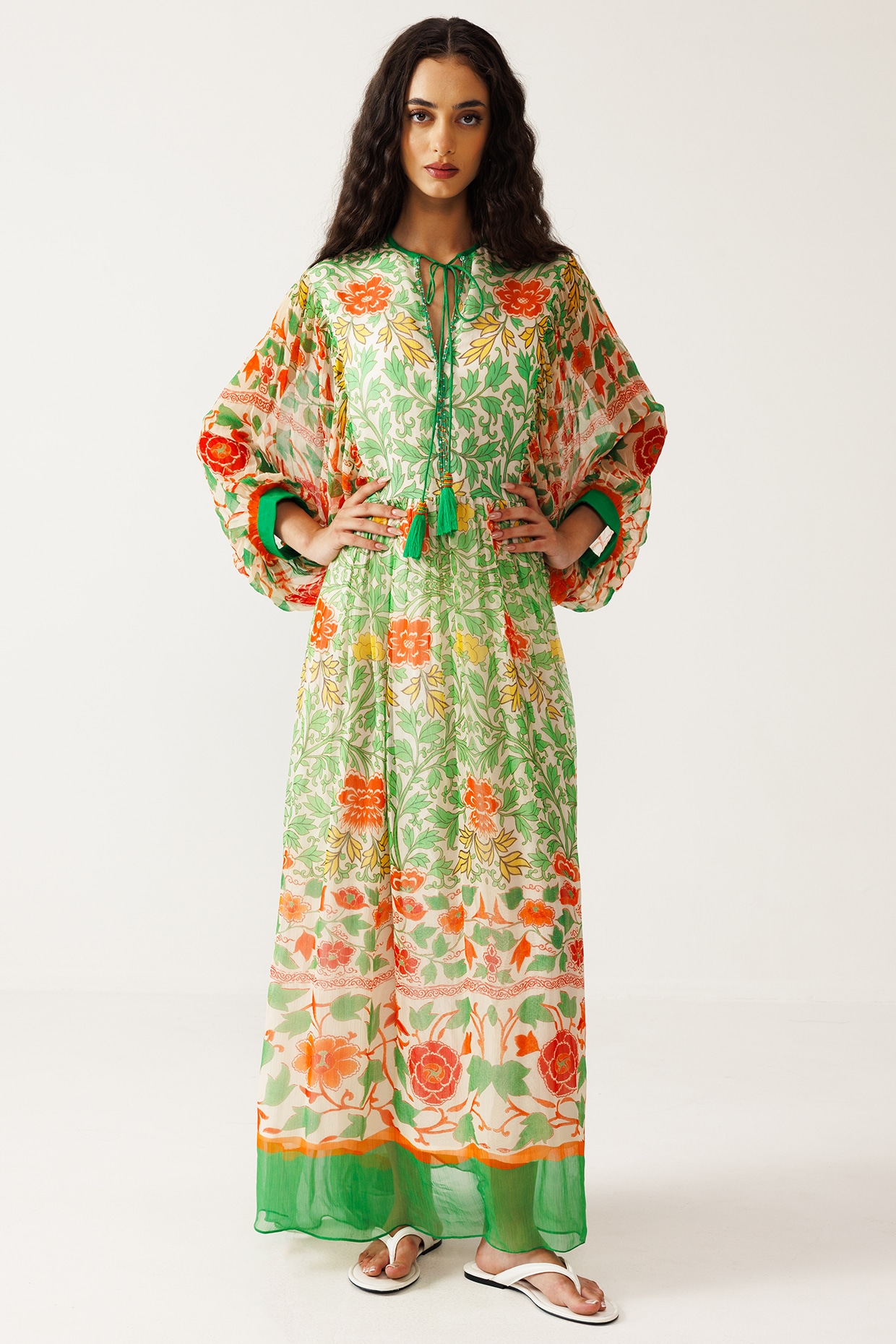 Reena Sharma Green & Orange Viscose Crinkled Chiffon Printed Maxi Dress
