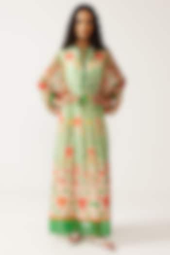 Green & Orange Viscose Crinkled Chiffon Printed Maxi Vacation Dress by Reena Sharma at Pernia's Pop Up Shop