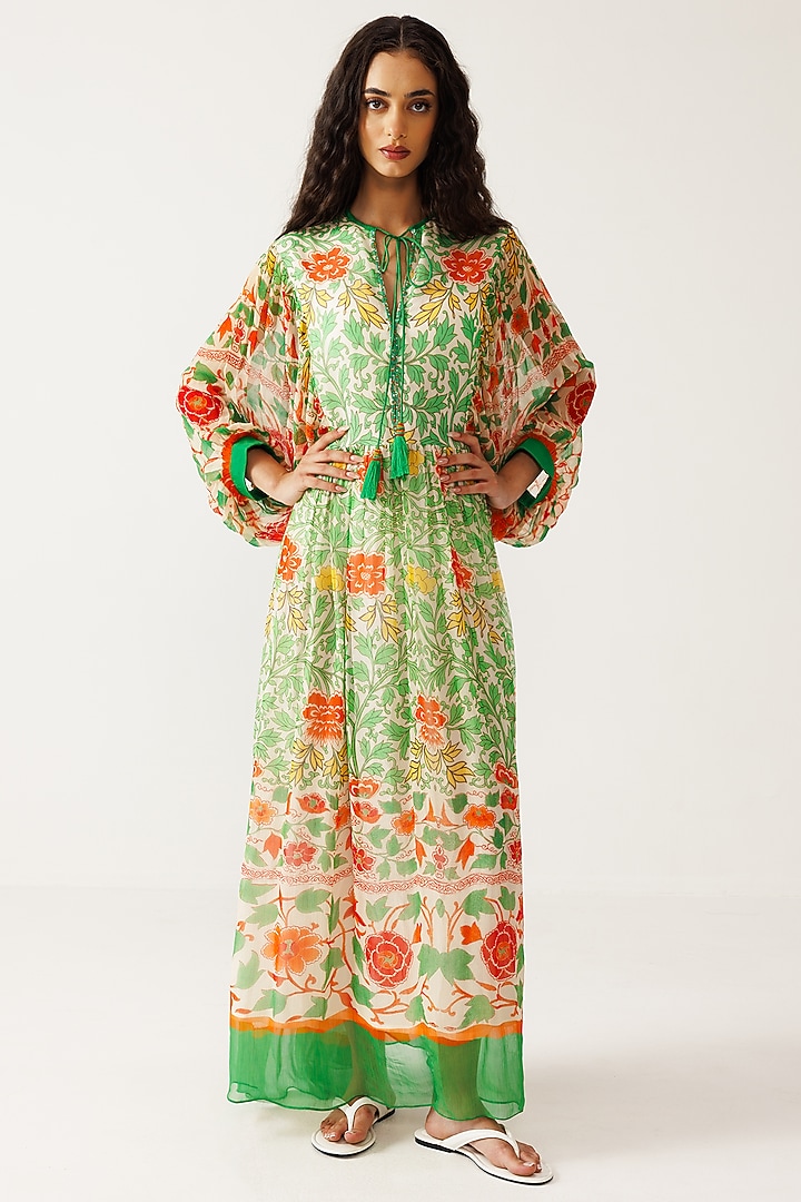 Green & Orange Viscose Crinkled Chiffon Printed Maxi Vacation Dress by Reena Sharma at Pernia's Pop Up Shop