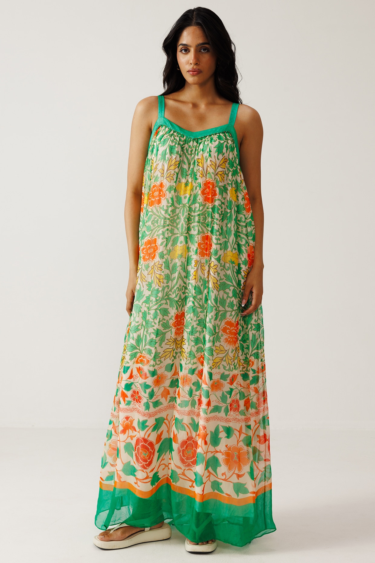 Reena Sharma Green & Orange Viscose Crinkled Chiffon Printed Maxi Dress