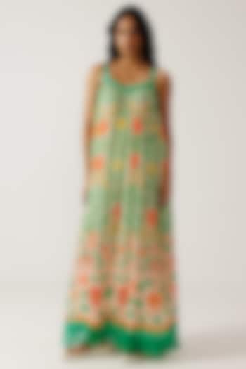 Green & Orange Viscose Crinkled Chiffon Printed Maxi Summer Dress by Reena Sharma at Pernia's Pop Up Shop