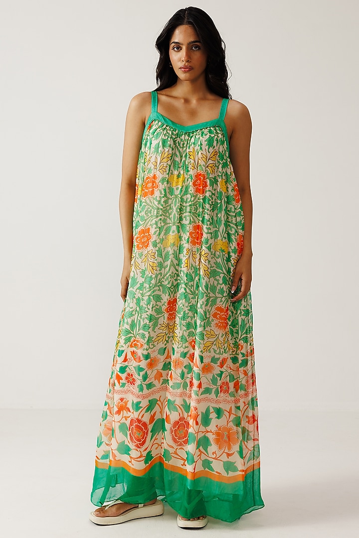 Green & Orange Viscose Crinkled Chiffon Printed Maxi Summer Dress by Reena Sharma at Pernia's Pop Up Shop